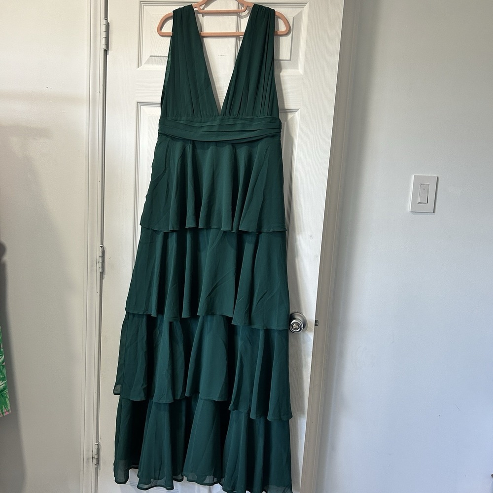 Lulus Dark Forest Green Chiffon Maxi Dress Deep V Formal Gown Size XL Wedding